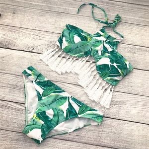 Leaf Print Halter Neck Medium Bikini Swimsuit